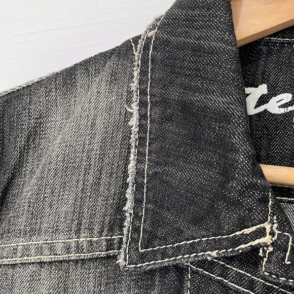 Stefanel Womens Black Demin Jean Jacket Size 10 Large Distressed Punk Goth Rock - Picture 5 of 16